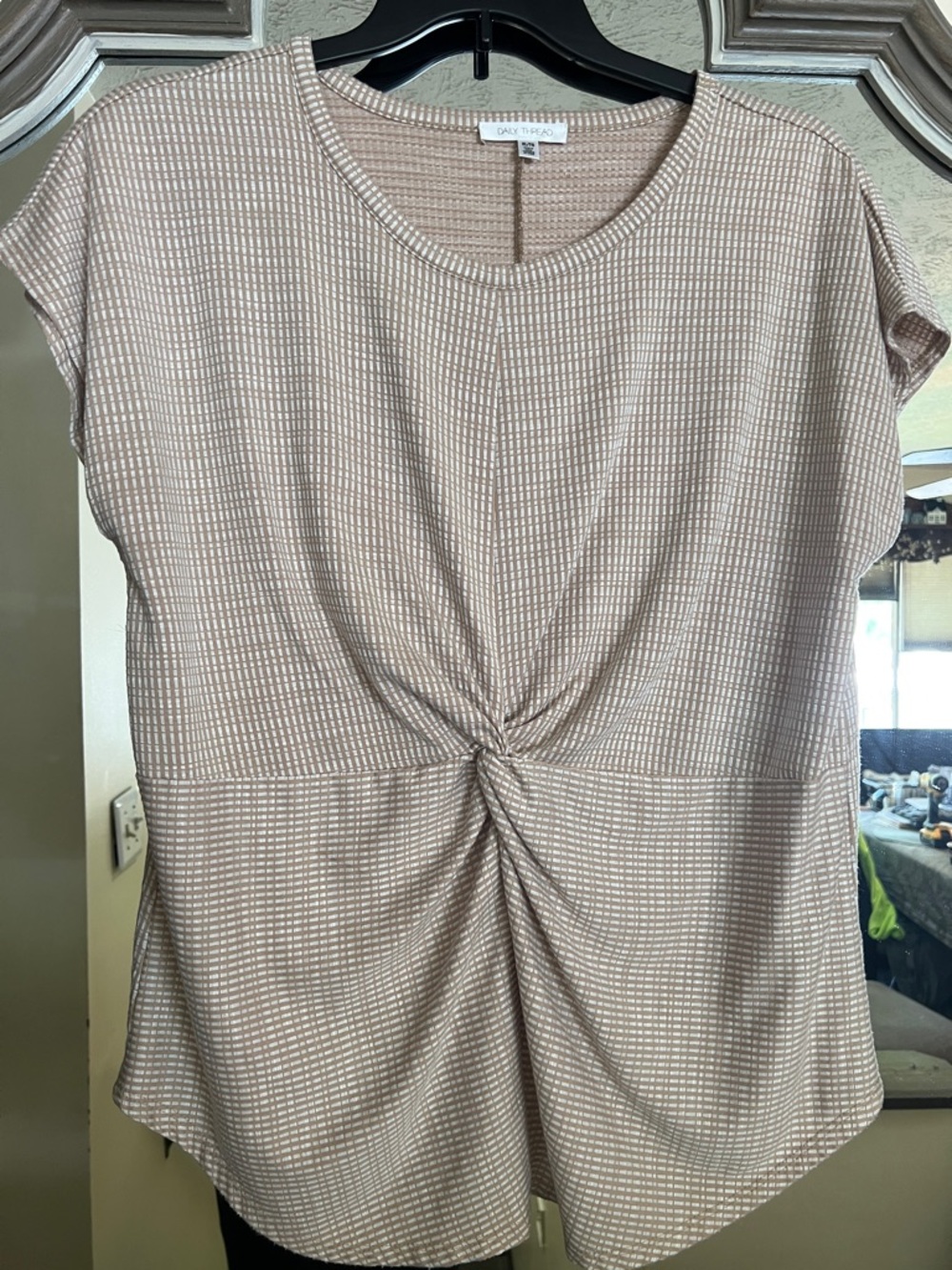 Daily Theory Beige Twist-Front Short Sleeve Top
